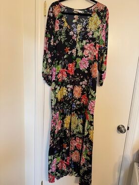Johnny Was Black Floral V-Neck Maxi Dress with Multicolor Blooms